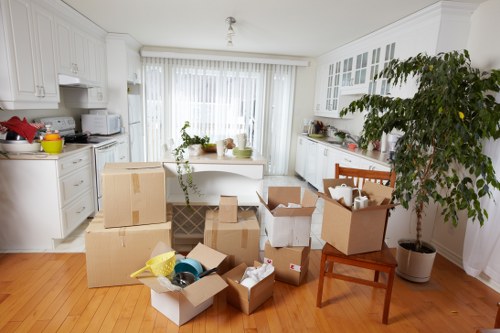 Moving equipment and boxes in a Battersea apartment building with lift access